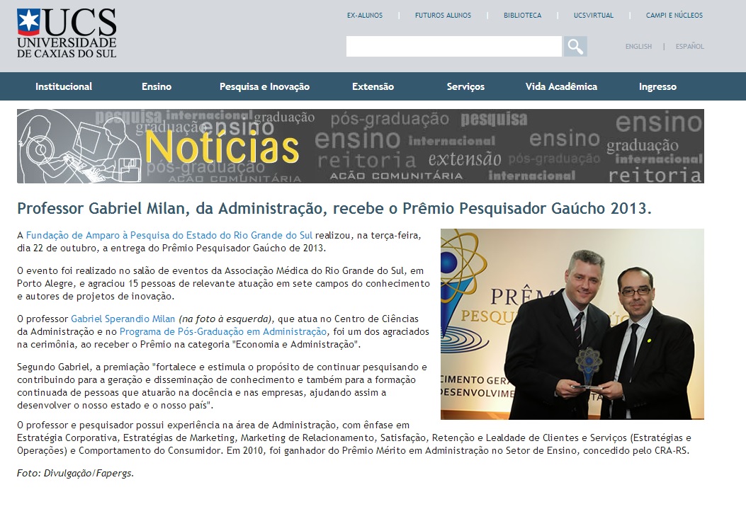 Professor Gabriel Milan, recebe Prêmio Pesquisador Gaúcho 2013